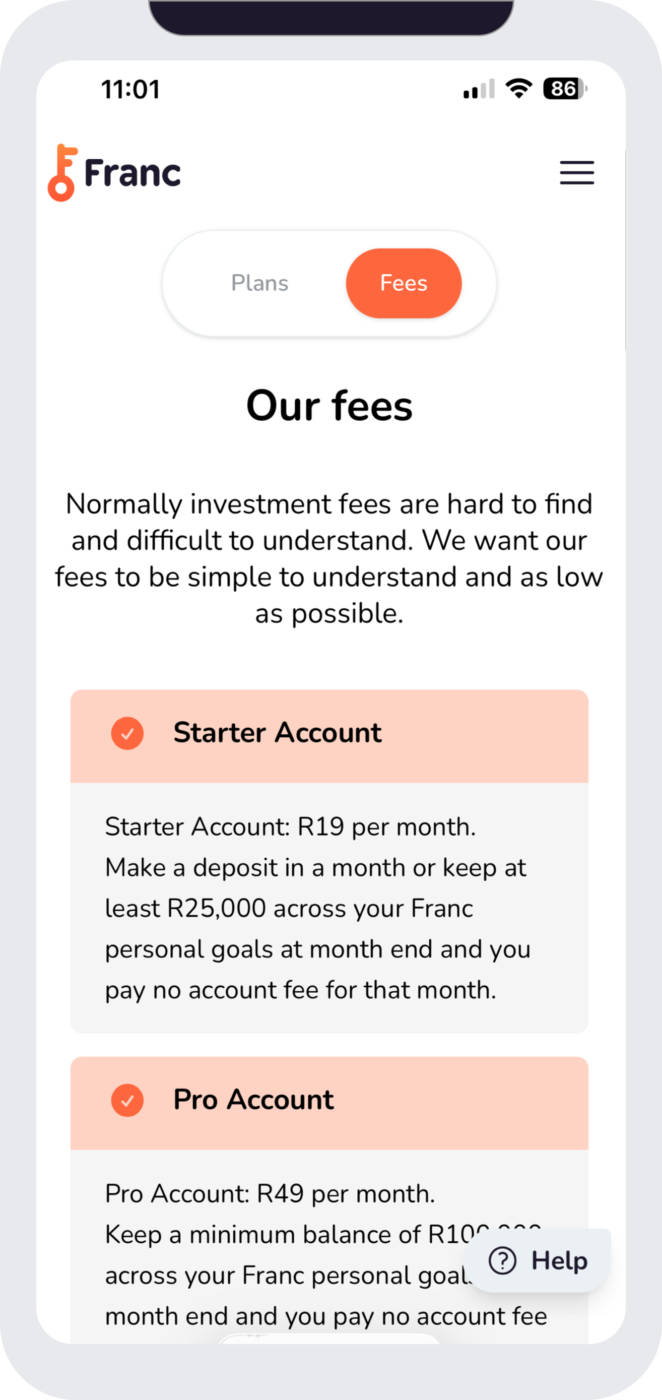 Franc live progress and account overview